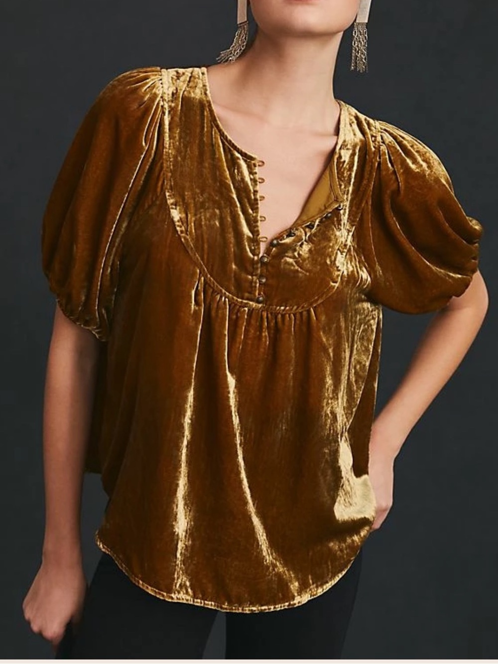 Anthropologie Golden Velvet Henley Puff-Sleeve Blouse